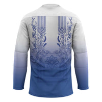 Philippines Barong Style Hockey Jersey with Polynesian Art and Leaf Motif Blue Color