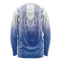 Philippines Barong Style Long Sleeve Shirt with Polynesian Art and Leaf Motif Blue Color