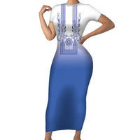 Philippines Barong Style Short Sleeve Bodycon Dress with Polynesian Art and Leaf Motif Blue Color