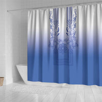 Philippines Barong Style Shower Curtain with Polynesian Art and Leaf Motif Blue Color