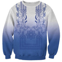 Philippines Barong Style Sweatshirt with Polynesian Art and Leaf Motif Blue Color