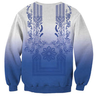 Philippines Barong Style Sweatshirt with Polynesian Art and Leaf Motif Blue Color