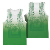 Philippines Barong Style Basketball Jersey with Polynesian Art and Leaf Motif Green Color