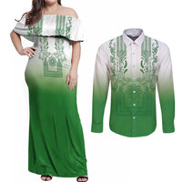 Philippines Barong Style Couples Matching Off Shoulder Maxi Dress and Long Sleeve Button Shirt with Polynesian Art and Leaf Motif Green Color