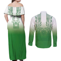 Philippines Barong Style Couples Matching Off Shoulder Maxi Dress and Long Sleeve Button Shirt with Polynesian Art and Leaf Motif Green Color