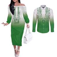 Philippines Barong Style Couples Matching Off The Shoulder Long Sleeve Dress and Long Sleeve Button Shirt with Polynesian Art and Leaf Motif Green Color LT03 Green - Polynesian Pride