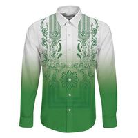 Philippines Barong Style Family Matching Long Sleeve Bodycon Dress and Hawaiian Shirt with Polynesian Art and Leaf Motif Green Color LT03 Dad's Shirt - Long Sleeve Green - Polynesian Pride