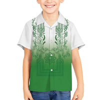 Philippines Barong Style Kid Hawaiian Shirt with Polynesian Art and Leaf Motif Green Color