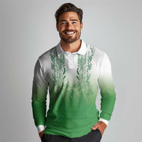 Philippines Barong Style Long Sleeve Polo Shirt with Polynesian Art and Leaf Motif Green Color