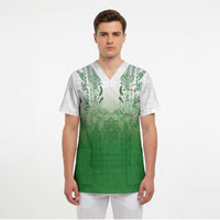 Philippines Barong Style Scrub Top with Polynesian Art and Leaf Motif Green Color
