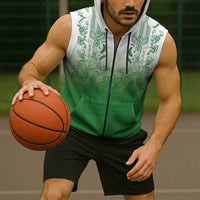 Philippines Barong Style Sleeveless Zip Hoodie with Polynesian Art and Leaf Motif Green Color