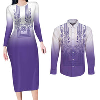Philippines Barong Style Couples Matching Long Sleeve Bodycon Dress and Long Sleeve Button Shirt with Polynesian Art and Leaf Motif Purple Color LT03 Purple - Polynesian Pride