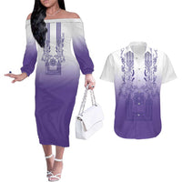 Philippines Barong Style Couples Matching Off The Shoulder Long Sleeve Dress and Hawaiian Shirt with Polynesian Art and Leaf Motif Purple Color LT03 Purple - Polynesian Pride