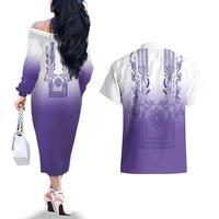 Philippines Barong Style Couples Matching Off The Shoulder Long Sleeve Dress and Hawaiian Shirt with Polynesian Art and Leaf Motif Purple Color LT03 - Polynesian Pride