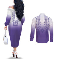 Philippines Barong Style Couples Matching Off The Shoulder Long Sleeve Dress and Long Sleeve Button Shirt with Polynesian Art and Leaf Motif Purple Color LT03 - Polynesian Pride