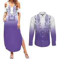 Philippines Barong Style Couples Matching Summer Maxi Dress and Long Sleeve Button Shirt with Polynesian Art and Leaf Motif Purple Color