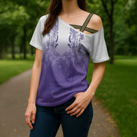 Philippines Barong Style Cross Shoulder Shirt with Polynesian Art and Leaf Motif Purple Color
