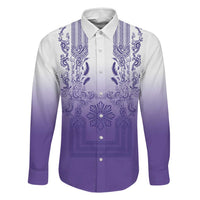 Philippines Barong Style Family Matching Short Sleeve Bodycon Dress and Hawaiian Shirt with Polynesian Art and Leaf Motif Purple Color LT03 Dad's Shirt - Long Sleeve Purple - Polynesian Pride