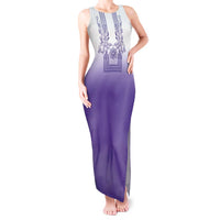 Philippines Barong Style Tank Maxi Dress with Polynesian Art and Leaf Motif Purple Color