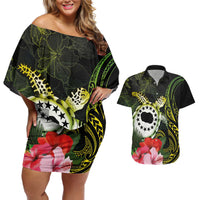 Kia Orana Cook Islands Couples Matching Off Shoulder Short Dress and Hawaiian Shirt Turtle and Hibiscus Polynesian Pattern