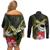 Kia Orana Cook Islands Couples Matching Off Shoulder Short Dress and Long Sleeve Button Shirt Turtle and Hibiscus Polynesian Pattern