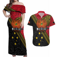 Papua New Guinea Goroka Show Couples Matching Off Shoulder Maxi Dress and Hawaiian Shirt Bird-of-paradise and Melanesian Tattoo Pattern LT03 Red - Polynesian Pride