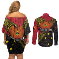 Papua new Guinea Goroka Show Couples Matching Off Shoulder Short Dress and Long Sleeve Button Shirt Bird-of-paradise and Melanesian Tattoo Pattern