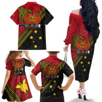Papua New Guinea Goroka Show Family Matching Off The Shoulder Long Sleeve Dress and Hawaiian Shirt Bird-of-paradise and Melanesian Tattoo Pattern LT03 - Polynesian Pride