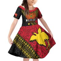 Papua New Guinea Goroka Show Family Matching Off Shoulder Short Dress and Hawaiian Shirt Bird-of-paradise and Melanesian Tattoo Pattern LT03 Daughter's Dress Red - Polynesian Pride