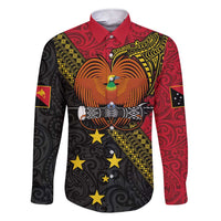 Papua New Guinea Goroka Show Family Matching Short Sleeve Bodycon Dress and Hawaiian Shirt Bird-of-paradise and Melanesian Tattoo Pattern LT03 Dad's Shirt - Long Sleeve Red - Polynesian Pride