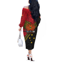 Papua New Guinea Goroka Show Off The Shoulder Long Sleeve Dress Bird-of-paradise and Melanesian Tattoo Pattern LT03 - Polynesian Pride