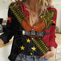 Papua New Guinea Goroka Show Women Casual Shirt Bird-of-paradise and Melanesian Tattoo Pattern LT03 Female Red - Polynesian Pride