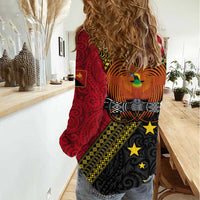 Papua New Guinea Goroka Show Women Casual Shirt Bird-of-paradise and Melanesian Tattoo Pattern LT03 - Polynesian Pride