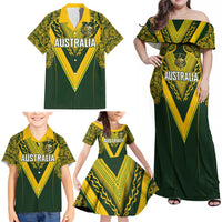 Australia Rugby Custom Family Matching Off Shoulder Maxi Dress and Hawaiian Shirt Aboriginal Art Sporty Style - Polynesian Pride