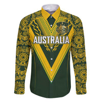 Australia Rugby Custom Family Matching Short Sleeve Bodycon Dress and Hawaiian Shirt Aboriginal Art Sporty Style LT03 Dad's Shirt - Long Sleeve Green - Polynesian Pride