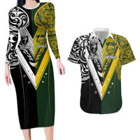 Aotearoa Australia Rugby Custom Couples Matching Long Sleeve Bodycon Dress and Hawaiian Shirt Maori and Aboriginal Art Sporty Style LT03 Green - Polynesian Pride