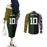 Aotearoa Australia Rugby Custom Couples Matching Off The Shoulder Long Sleeve Dress and Long Sleeve Button Shirt Maori and Aboriginal Art Sporty Style LT03 - Polynesian Pride