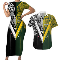 Aotearoa Australia Rugby Custom Couples Matching Short Sleeve Bodycon Dress and Hawaiian Shirt Maori and Aboriginal Art Sporty Style LT03 Green - Polynesian Pride