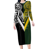 Aotearoa Australia Rugby Custom Family Matching Long Sleeve Bodycon Dress and Hawaiian Shirt Maori and Aboriginal Art Sporty Style LT03 Mom's Dress Green - Polynesian Pride