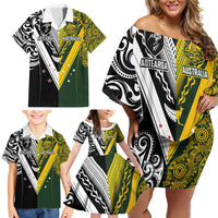 Aotearoa Australia Rugby Custom Family Matching Off Shoulder Short Dress and Hawaiian Shirt Maori and Aboriginal Art Sporty Style - Polynesian Pride