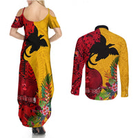 Papua New Guinea Couples Matching Summer Maxi Dress and Long Sleeve Button Shirts Birds Of Paradise Mix Tropical Flower Polynesian Pattern LT03 - Polynesian Pride
