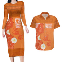 International Day for the Elimination of Violence Against Women Couples Matching Long Sleeve Bodycon Dress and Hawaiian Shirt Polynesian Pattern LT03 Orange - Polynesian Pride