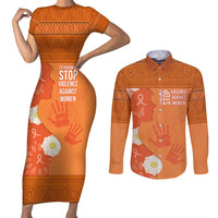 International Day for the Elimination of Violence Against Women Couples Matching Short Sleeve Bodycon Dress and Long Sleeve Button Shirt Polynesian Pattern LT03 Orange - Polynesian Pride