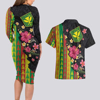Hawaiian Independence Day Couples Matching Long Sleeve Bodycon Dress and Hawaiian Shirt Kanaka Maoli Symbols With Tapa Motifs and Tropical Plants LT03 - Polynesian Pride