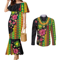 Hawaiian Independence Day Couples Matching Mermaid Dress and Long Sleeve Button Shirt Kanaka Maoli Symbols With Tapa Motifs and Tropical Plants LT03 Black - Polynesian Pride