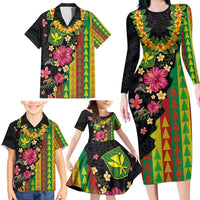 Hawaiian Independence Day Family Matching Long Sleeve Bodycon Dress and Hawaiian Shirt Kanaka Maoli Symbols With Tapa Motifs and Tropical Plants LT03 - Polynesian Pride