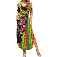 Hawaiian Independence Day Family Matching Summer Maxi Dress and Hawaiian Shirt Kanaka Maoli Symbols With Tapa Motifs and Tropical Plants LT03 Mom's Dress Black - Polynesian Pride