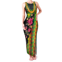 Hawaiian Independence Day Family Matching Tank Maxi Dress and Hawaiian Shirt Kanaka Maoli Symbols With Tapa Motifs and Tropical Plants LT03 Mom's Dress Black - Polynesian Pride