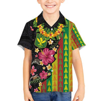 Hawaiian Independence Day Family Matching Tank Maxi Dress and Hawaiian Shirt Kanaka Maoli Symbols With Tapa Motifs and Tropical Plants LT03 Son's Shirt Black - Polynesian Pride