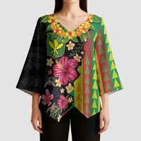 Hawaiian Independence Day Kimono Sleeve Blouse Kanaka Maoli Symbols With Tapa Motifs and Tropical Plants LT03 - Polynesian Pride